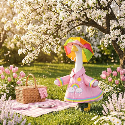 DECOHS 3 Pcs/Set Raincoat Porch Goose Outfits, Summer Lawn Goose Statue Raincoat Costume, Yard Goose Clothes Raincoats Umbrella Hat Outfit for 23" Statue Patio Garden Decoration (Pink Rainbow)