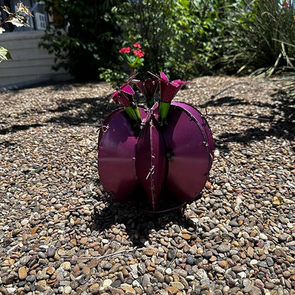 Handmade Metal Bisnaga Cactus with Flowers - Garden Art Decor (Purple)