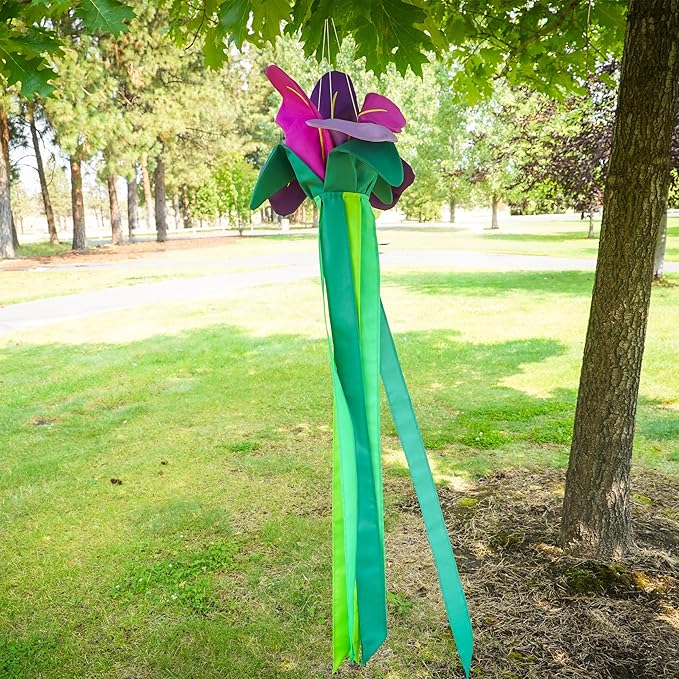 In the Breeze 5227 — Iris Windtail — Colorful 3D Purple Flower Windsock with Flowing Tails