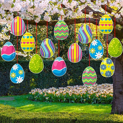 16 Pieces Easter Egg Outdoor Hanging Ornaments Easter Outdoor Decorations Happy Easter Hanging Porch & Tree Yard Lawn Decor - Double-Side Printed