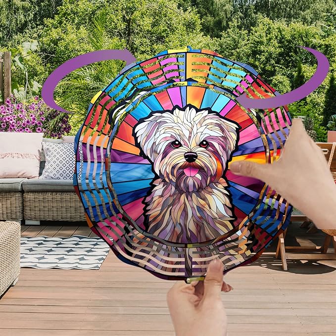 Maltese Dog Wind Spinner Pet Dog Memorial Gifts, Vibrant 3D Kinetic Aluminum Metal Yard Art, Loss of Dogs Sympathy Gifts, Hanging Outdoor Garden Decor, 8" Wind Sculptures for Patio, Porch (Maltese3)