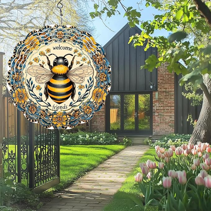 Bee Wind Spinners Outdoor, Hanging Wind Spinner for Garden Decoration, 8 inch 3D Stainless Steel Metal Wind Sculpture for Indoor/Outdoor Decor