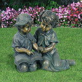 Alpine Corporation GXT258A Outdoor Finely Sculpted Boy and Girl Reading Book Garden Statue, 19"H, Bronze