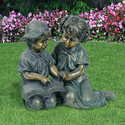 Alpine Corporation GXT258A Outdoor Finely Sculpted Boy and Girl Reading Book Garden Statue, 19"H, Bronze