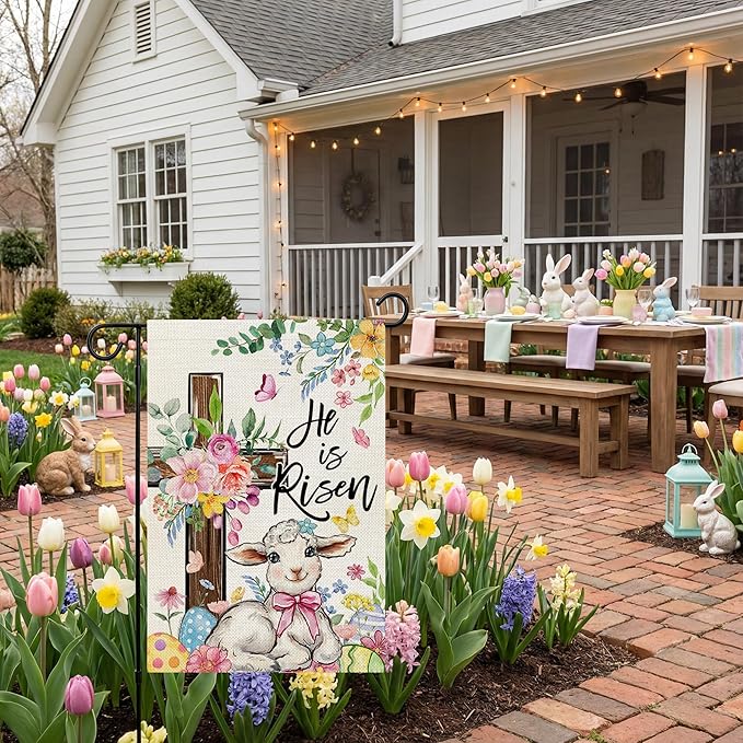 CROWNED BEAUTY Easter Garden Flag He is Risen Cross 12x18 Inch Double Sided Floral Holiday Decoration for Outdoor Lawn Yard