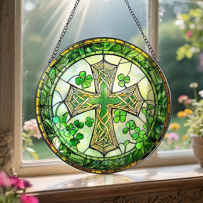8'' St. Patrick's Day Cross Stained Glass Suncatcher Ornament, Stained Glass Window Hanging, Irish Decor, Patrick Day Decor, Irish Shamrock Gift, Cross Gifts, Religious Gifts, Christian Gift
