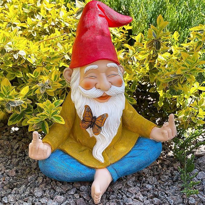 Mood Lab Zen Garden Gnome - Relaxed Yoga Gnome with Middle Finger - 9.25 Inch Tall Outdoor or Indoor Decor