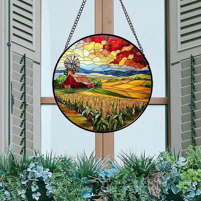 Stained Glass Window Hanging Autumn Farm Corn Harvest Landscape Large 15" - Suncatcher Garden Door Sun Catcher Home Decor Birthday Christmas for Woman Mom Friend Men Nana