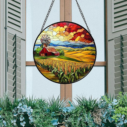 Stained Glass Window Hanging Autumn Farm Corn Harvest Landscape Large 11.8" - Suncatcher Garden Door Sun Catcher Home Decor Birthday Christmas for Woman Mom Friend Men Nana