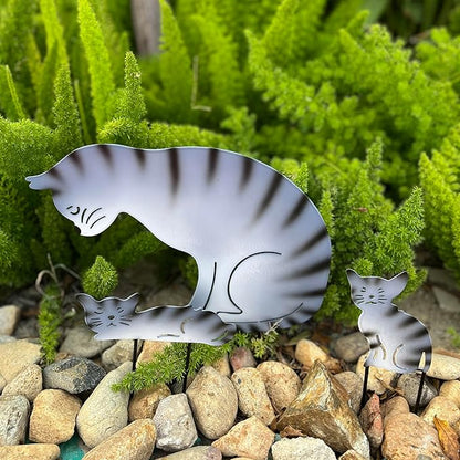 3 Pack Metal Cat Family Garden Statues, Outdoor Decorative Silhouette Stakes for Yard and Patio Lawn Ornaments - Animal Sculpture Art (Grey)