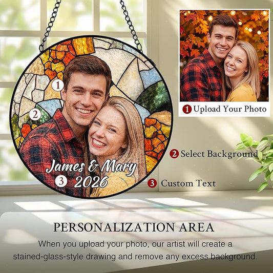 Personalized Stained Glass Windows Hanging, Her Him Picture Suncatcher Ornament, Custom Photo Gift, Birthday Boyfriend Girlfriend Couples Gifts