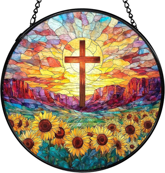 Christian Gifts for Women, Easter Christian Cross Sunflower Suncatcher Stained Glass Window Hanging, Cross Flower Sun Catchers Indoor Window Glass Wall Art Decor, 7.9x7.9 Inch