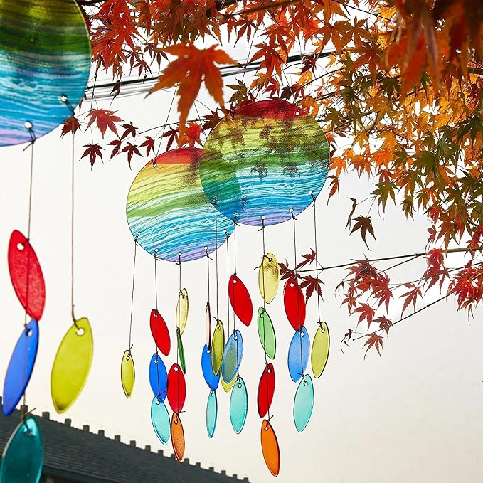 YU FENG Rainbow Stripe Disc Glass Wind Chime – Vibrant Colorful Hanging Decor for Indoor Spaces & Windows