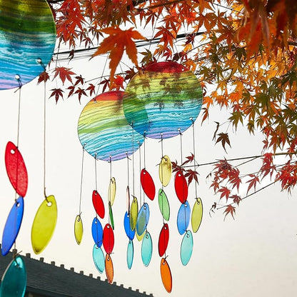 YU FENG Rainbow Stripe Disc Glass Wind Chime – Vibrant Colorful Hanging Decor for Indoor Spaces & Windows
