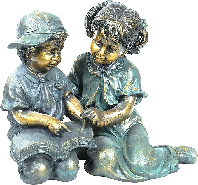 Alpine Corporation GXT258A Outdoor Finely Sculpted Boy and Girl Reading Book Garden Statue, 19"H, Bronze