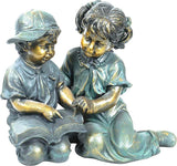 Alpine Corporation GXT258A Outdoor Finely Sculpted Boy and Girl Reading Book Garden Statue, 19"H, Bronze