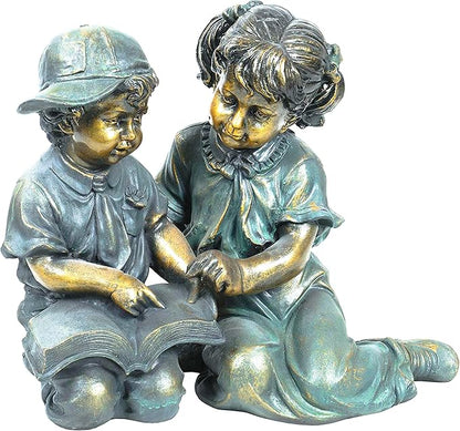 Alpine Corporation GXT258A Outdoor Finely Sculpted Boy and Girl Reading Book Garden Statue, 19"H, Bronze