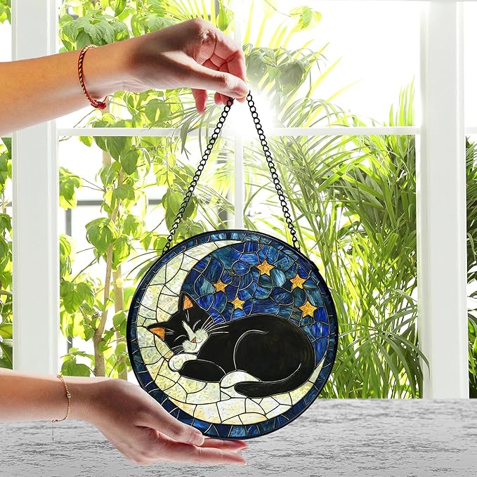 Black Cat Moon Stained Glass Window Hanging, Celestial Black Cat Sun Catchers Indoor Window Round Glass Wall Art Decor, Moon and Stars Suncatcher Wall Hanging Decorations, Lawn Care