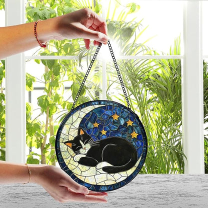 Black Cat Moon Stained Glass Window Hanging, Celestial Black Cat Sun Catchers Indoor Window Round Glass Wall Art Decor, Moon and Stars Suncatcher Wall Hanging Decorations, Lawn Care