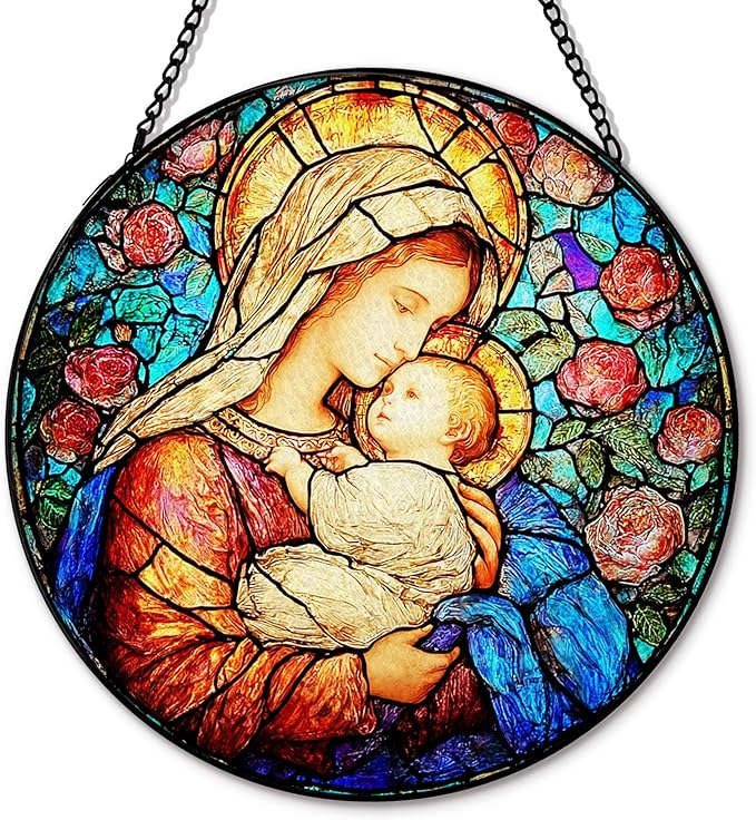 Virgin Mary Flower Suncatcher Stained Glass Window Hanging, Christian Our Lady of Grace Sun Catchers Indoor Window Glass Round Wall Decor, Catholic Rose Wall Art Hanging Decorations, ＂7.8x7.8＂