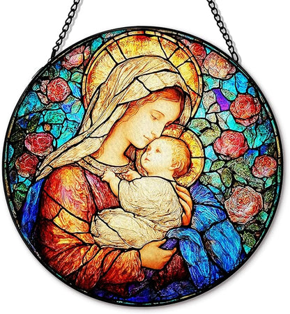Virgin Mary Flower Suncatcher Stained Glass Window Hanging, Christian Our Lady of Grace Sun Catchers Indoor Window Glass Round Wall Decor, Catholic Rose Wall Art Hanging Decorations, ＂7.8x7.8＂