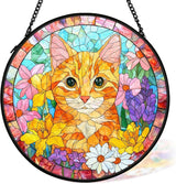 Orange Cat Suncatcher Stained Glass Window Hanging Decor Ornaments, Orange Tabby Cat Owner Memorial Sun Catchers Wall Art Gifts for Women, Floral Flower Garden Stained Glass Decor, 7.9x7.9In