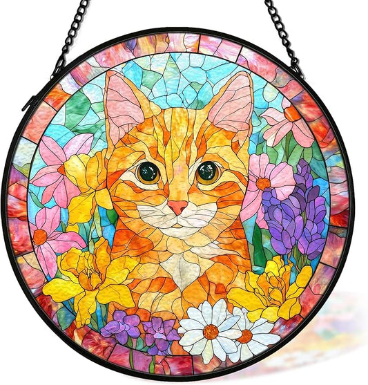 Orange Cat Suncatcher Stained Glass Window Hanging Decor Ornaments, Orange Tabby Cat Owner Memorial Sun Catchers Wall Art Gifts for Women, Floral Flower Garden Stained Glass Decor, 7.9x7.9In