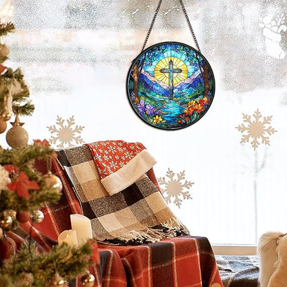 Christian Cross Suncatcher Stained Glass Window Hanging Decor, Christian Sunshine Stained Glass Wall Decor Gifts, Religious Baptism Nature Lawn Garden Sun Catchers Hanging Wall Art, 7.9x7.9 in