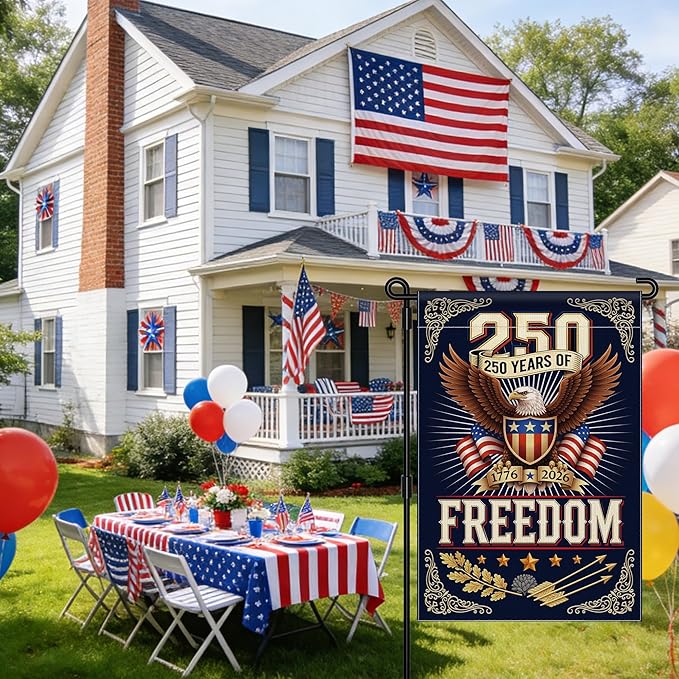 250 Anniversary USA Garden Flag, 4th of July Garden Flag America Patriotic Banner 250 Years of Freedom Yard Sign Eagle Design Double-Sided Waterproof 1776-2026 Commemorative Flag 12x18 Inch