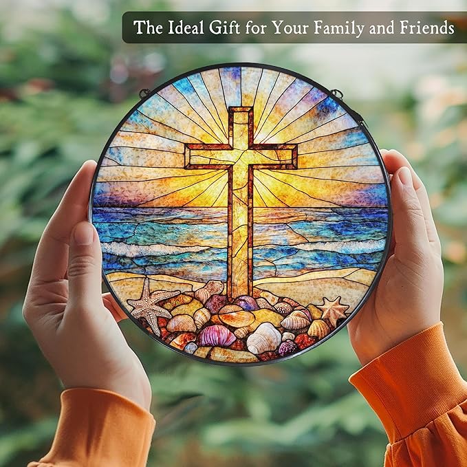 Cross Coastal Stained Glass Window Hanging Suncatcher, Christian Beach Shells Sunset Sun Catcher Indoor Window Decor Gifts, Religious Painted Glass Round Wall Hanging Decorations 7.8x7.8 in