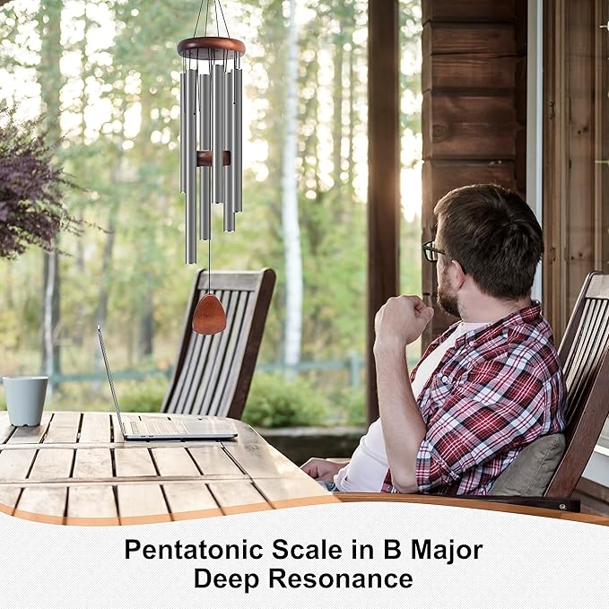 Bursvik Large Aluminium Wind Chimes 37 Inches to Create a Zen Atmosphere Suitable for Outdoor, Garden, Patio Decoration. Classic Wind Chimes with Wind Catcher Suitable as A Gift for Unisex,Silver Grey