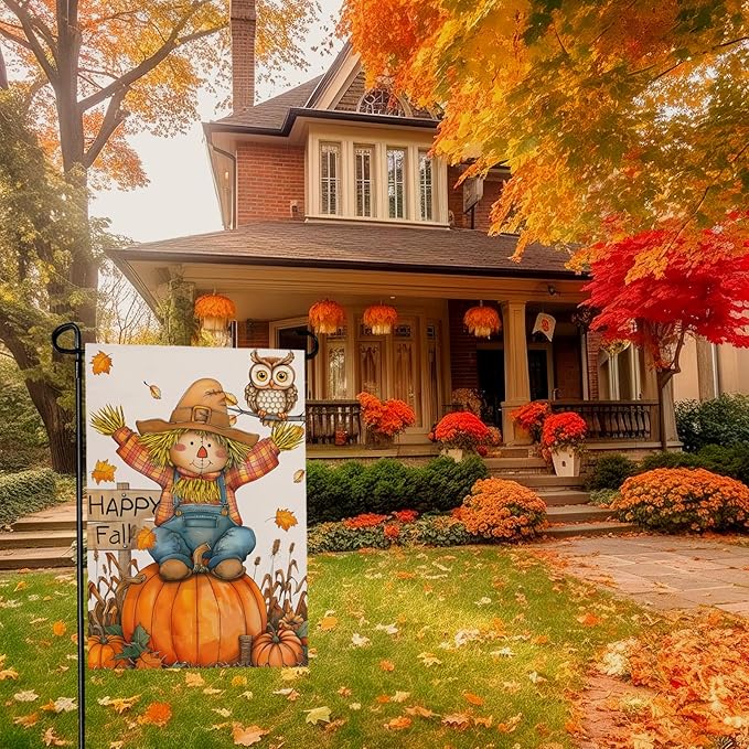 Happy Fall Pumpkins Scarecrow Garden Flags Double Sided Burlap Autumn Yellow Pumpkin Owl Yard Flag Seasonal Outside Patio Farmhouse Garden Yard Lawn Outdoor Decorative 12 x 18 Inch