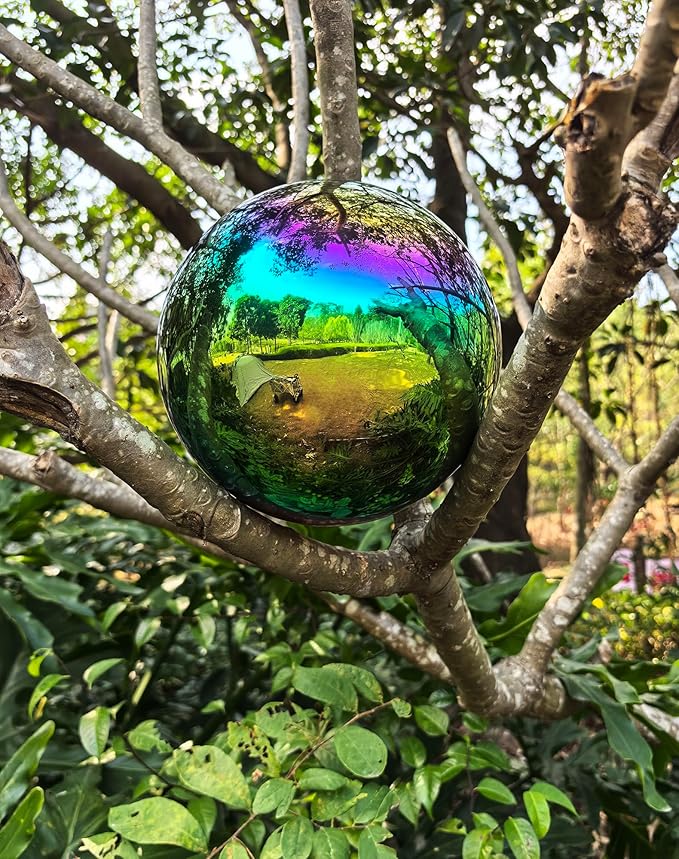 Gazing Ball for Garden Decor - 8-Inch Hollow Metal Sphere for Outdoor & Indoor Use, Patio, Yard, Flower Bed Accent Piece (Rainbow)
