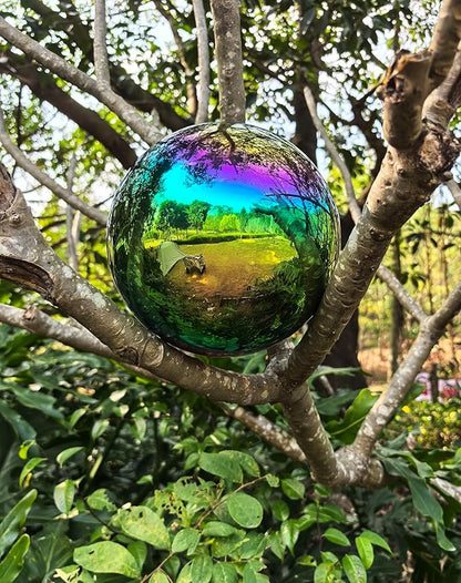 Gazing Ball for Garden Decor - 8-Inch Hollow Metal Sphere for Outdoor & Indoor Use, Patio, Yard, Flower Bed Accent Piece (Rainbow)