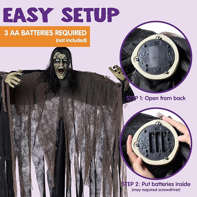 JOYIN Halloween Zombie Decorations Outdoor, Halloween Groundbreaker Outside Decor, Hanging Zombie Prop with Green Face and Lighted Eyes for Graveyard, Haunted House, Lawn, Yard, Indoor Decor