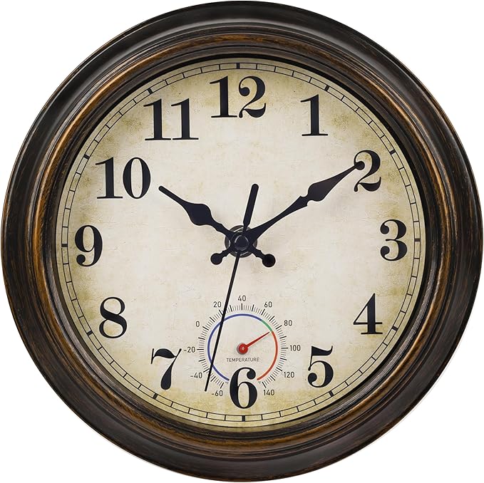 Outdoor Clocks Waterproof with Thermometer Combo Vintage Rustic Wall Clock for Patio Pool Bathroom Kitchen(8 Inch,Bronze)