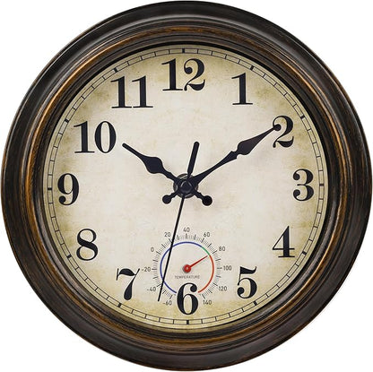 Outdoor Clocks Waterproof with Thermometer Combo Vintage Rustic Wall Clock for Patio Pool Bathroom Kitchen(8 Inch,Bronze)