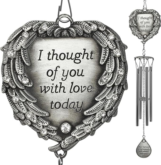 Sympathy Memorial Windchimes - Engraved I Thought of You with Love Today - Angel Wings Wrapped Around a Heart and Teardrop Charm - in Loving Memory Chimes - 15" L - 2 Pack