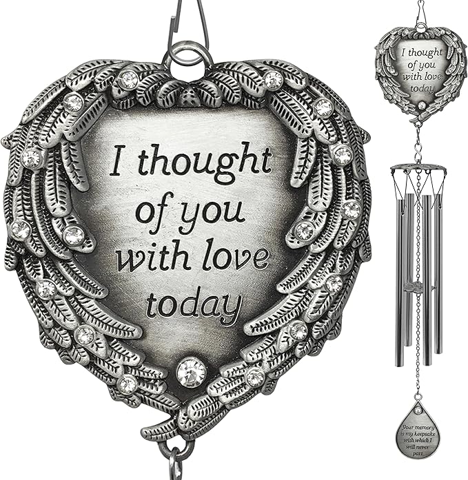 Memorial Wind Chimes Outdoor – Sympathy Gift Loss of Loved One – I Thought of You with Love Today Poem – Angel Wings Heart Teardrop Charm – in Loving Memory Wind Chime 23 Inch