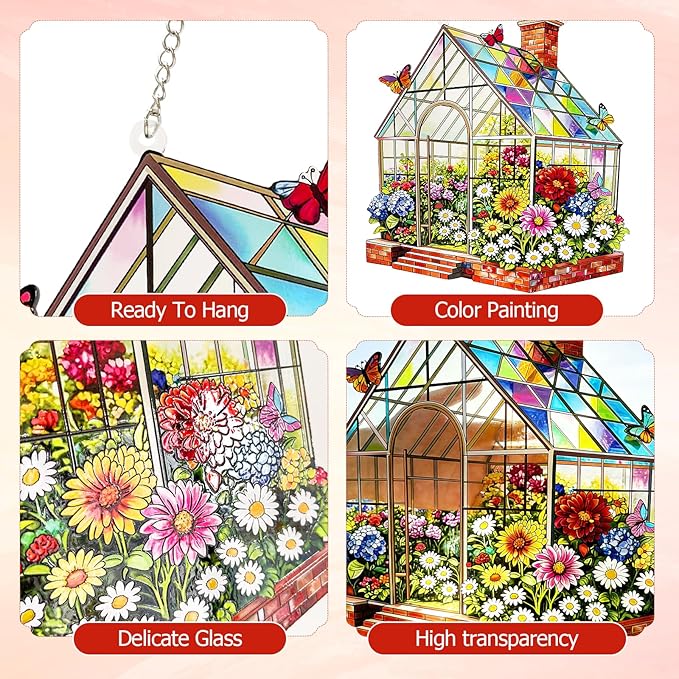 Stained Glass Suncatcher Window Hanging, Marzovitra 10 Inch Greenhouse Garden with Flowers Butterflies, Colorful Floral Real Glass Panel for Home Sunroom Patio Porch Indoor Outdoor Decor Gift Idea
