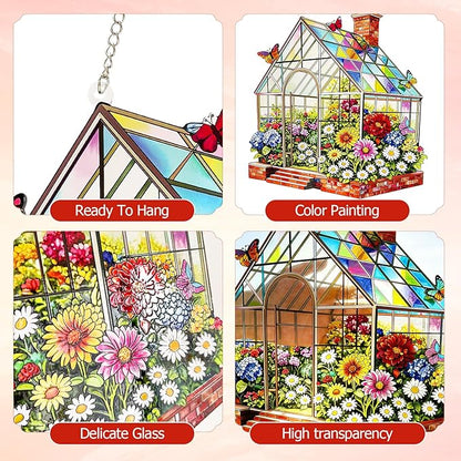 Stained Glass Suncatcher Window Hanging, Marzovitra 10 Inch Greenhouse Garden with Flowers Butterflies, Colorful Floral Real Glass Panel for Home Sunroom Patio Porch Indoor Outdoor Decor Gift Idea