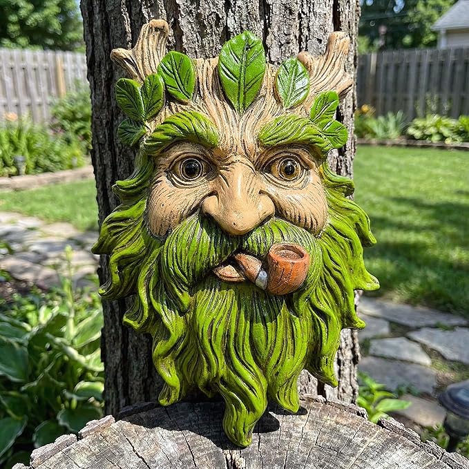 9.9" Whimsical Tree Face Sculpture, Garden Peeker Statue, Outdoor Trunk Tree Huggers Art, Landscape Accent Ornament, Hanging Fairy Elve Figurine for Yard Art, Trees Decor Wall Mounted Statues