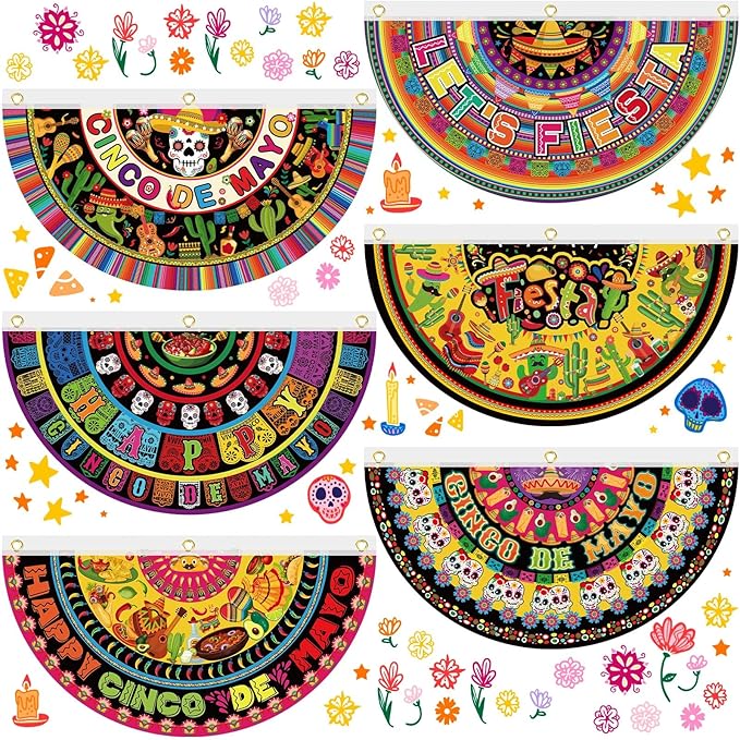 6 Pcs Cinco De Mayo Bunting Fan Flag Mexican Fiesta Half Fan Banners 1.5 x 3ft Donkey Hanging Flag Banner Tacos Cactus Bunting Decoration for Outdoor Indoor Garden Yard Party Decor(Mexican)