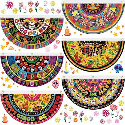 6 Pcs Cinco De Mayo Bunting Fan Flag Mexican Fiesta Half Fan Banners 1.5 x 3ft Donkey Hanging Flag Banner Tacos Cactus Bunting Decoration for Outdoor Indoor Garden Yard Party Decor(Mexican)