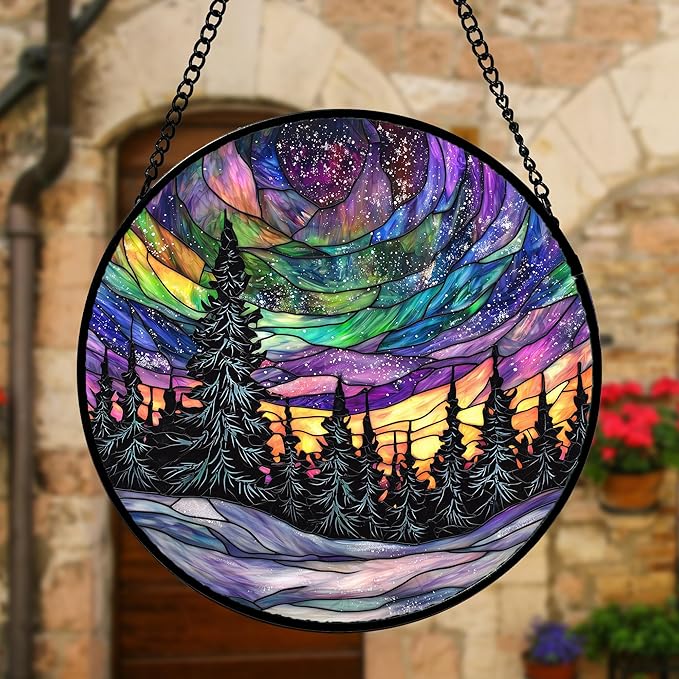 DASTOLL Stained Glass Window Hanging, Van Gogh Night Scene Sun Catchers Colorful Glass Panel Starry Sky Suncatcher Decor for Birthday for Women, Men, Wife, Aunt, and Mom 9.8 in