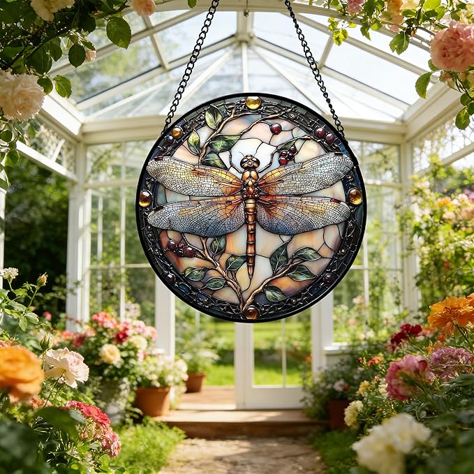 DASTOLL Stained Glass Window Hanging - Dragonfly Plant Suncatcher Ready to Hang Window Doors Home Decoration, Christmas, Mother's Day Birthday Gifts for Women, Men, and Mom 9.8x9.8 in