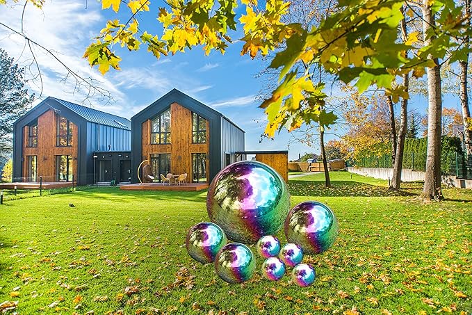 Pack of 8 Stainless Steel Gazing Balls Assorted 50-150mm Small Garden Gazing Globes Hollow Mirror Polished Seamless Reflective Sphere Balls for Home Yard Lawn Outdoor Decorations (Rainbow)