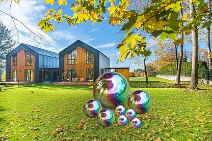 Pack of 8 Stainless Steel Gazing Balls Assorted 50-150mm Small Garden Gazing Globes Hollow Mirror Polished Seamless Reflective Sphere Balls for Home Yard Lawn Outdoor Decorations (Rainbow)