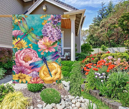 Spring Dragonfly House Flag Burlap 28x40 Inch Double Sided for Outside, Large Yard Flag for Seasonal Outdoor Decoration