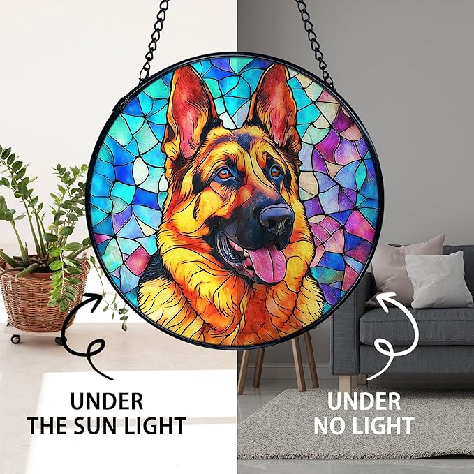 TNUW German Shepherd Dog Stained Glass Window Hanging, German Shepherd Gifts Sun Catchers Indoor Window Glass Round Wall Art Decor, Dog Wall Hanging Decorations, 7.9＂x7.9＂